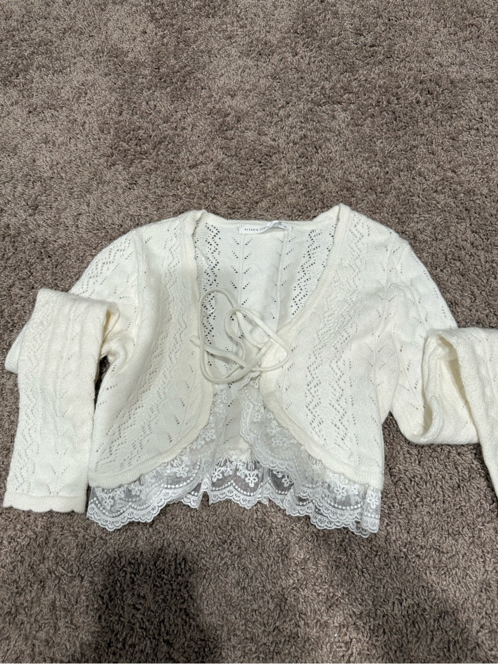 Altar'd State Ivory Lace-Trim Tie-Front Cardigan